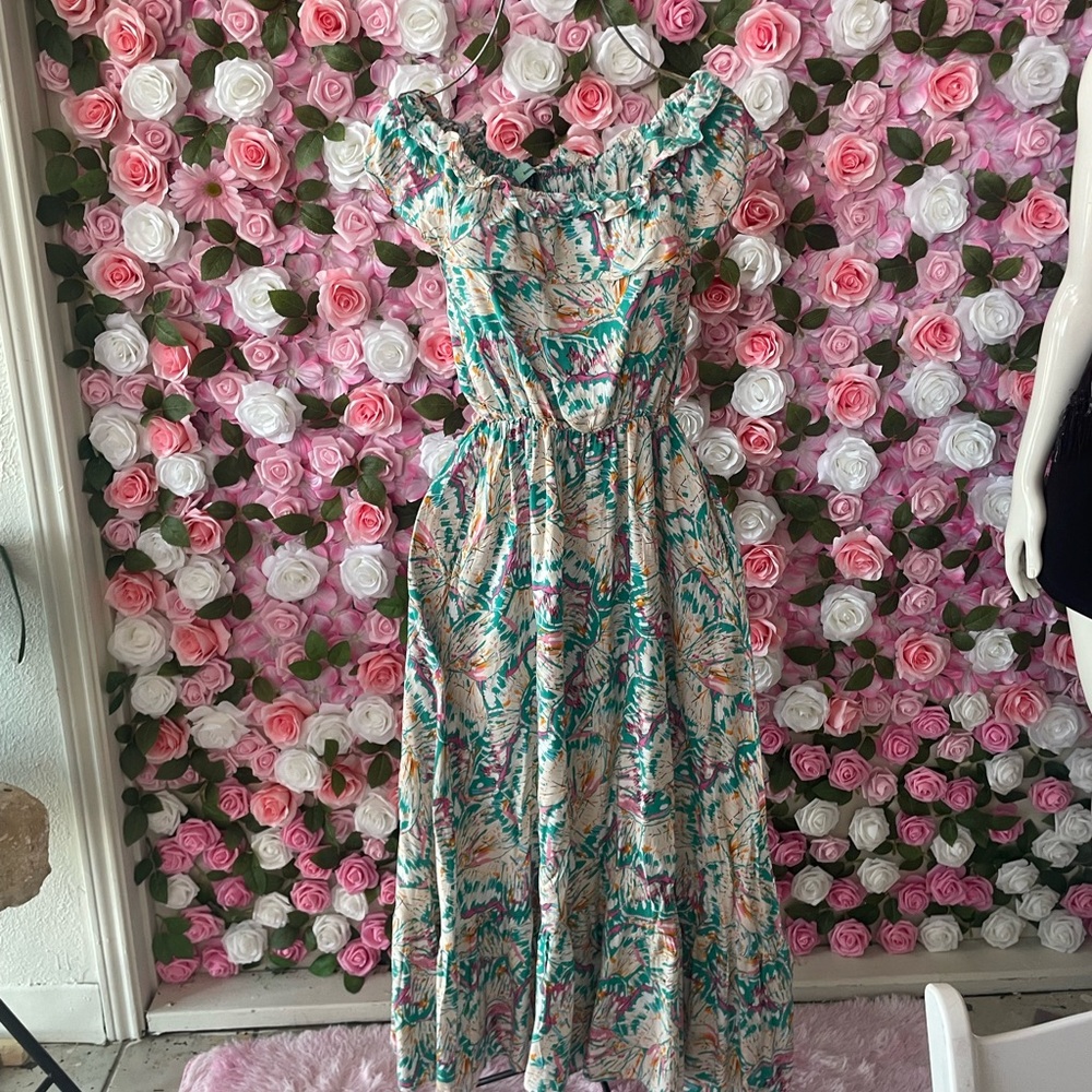Turquoise Flowers Printed Maxi Dress